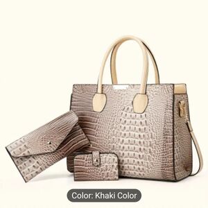 Taupe Faux Vegan Croc Embossed Tote w/Crossbody strap Set